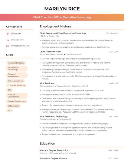 Chief Executive Officer/Executive Consulting Resume