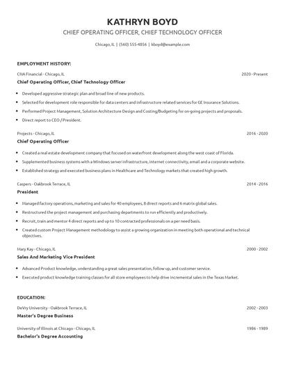 Chief Operating Officer, Chief Technology Officer Resume
