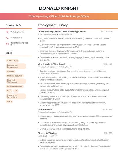 Chief Operating Officer, Chief Technology Officer Resume