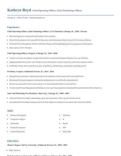 Chief Operating Officer, Chief Technology Officer Resume