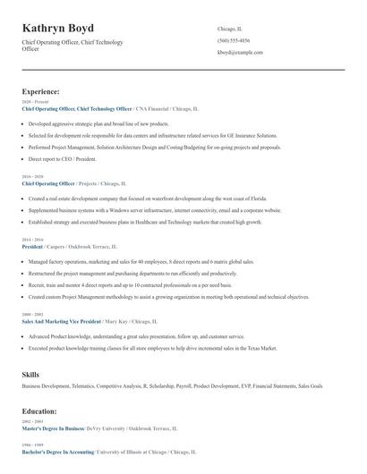 Chief Operating Officer, Chief Technology Officer Resume