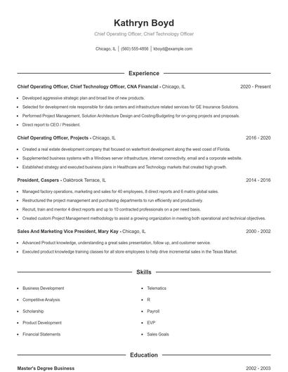 Chief Operating Officer, Chief Technology Officer Resume