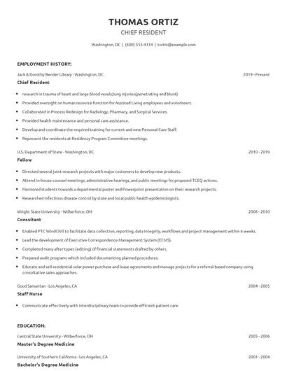 Chief Resident Resume