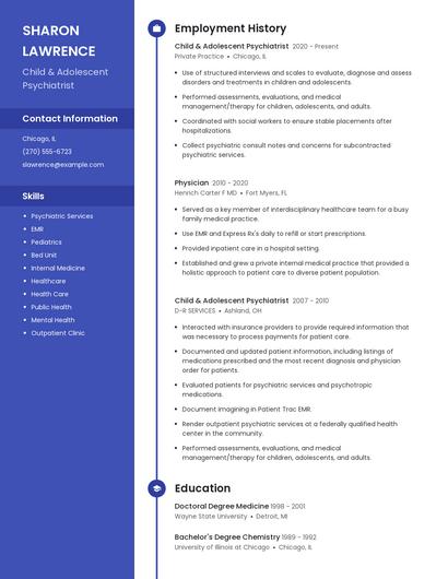 Child & Adolescent Psychiatrist Resume