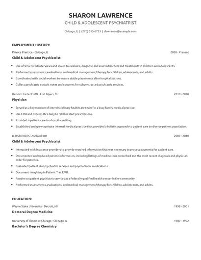 Child & Adolescent Psychiatrist Resume