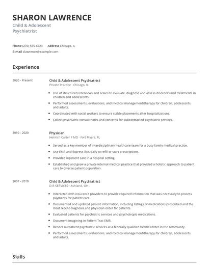 Child & Adolescent Psychiatrist Resume