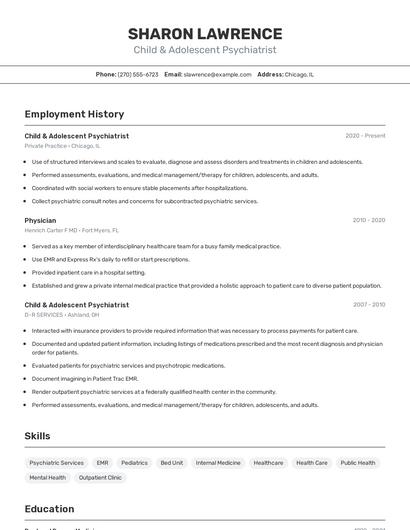 Child & Adolescent Psychiatrist Resume