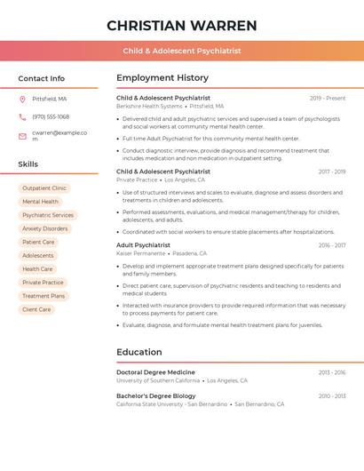 Child & Adolescent Psychiatrist Resume