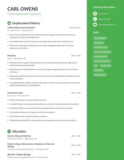Child & Adolescent Psychiatrist Resume
