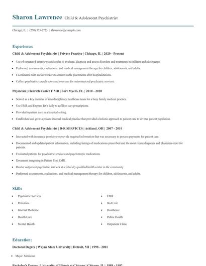 Child & Adolescent Psychiatrist Resume