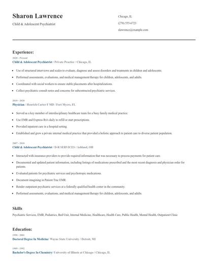 Child & Adolescent Psychiatrist Resume