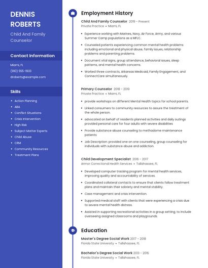 Child And Family Counselor Resume