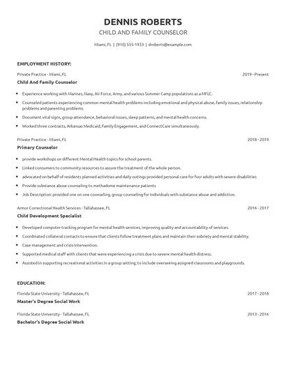 Child And Family Counselor Resume