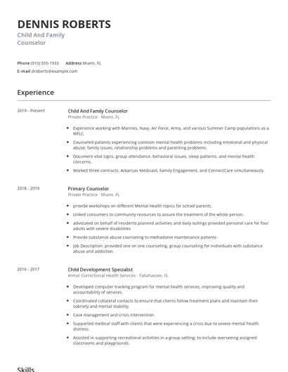 Child And Family Counselor Resume