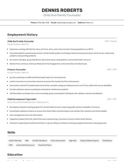 Child And Family Counselor Resume