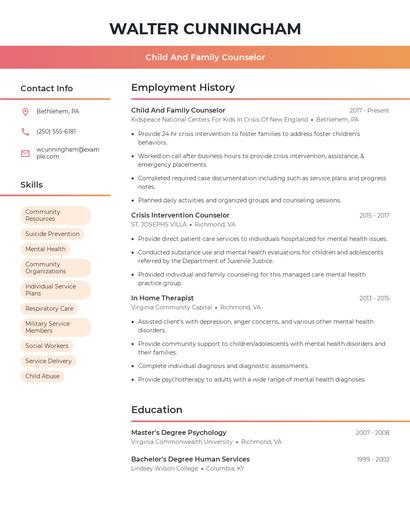 Child And Family Counselor Resume