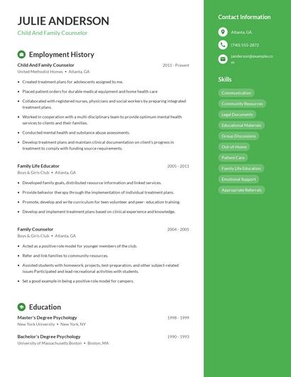 Child And Family Counselor Resume