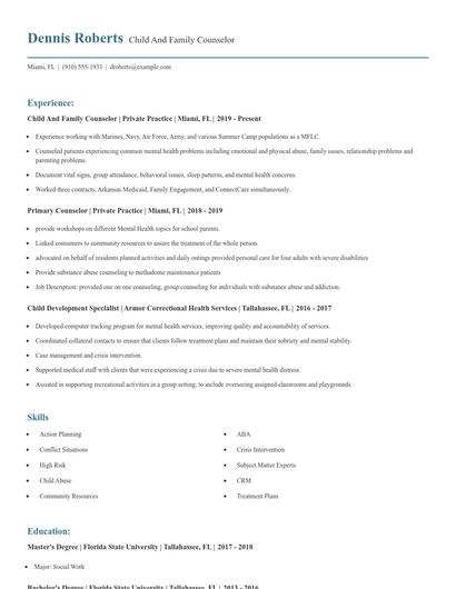 Child And Family Counselor Resume