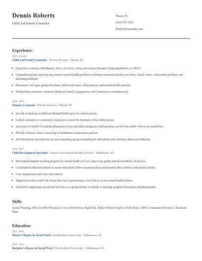 Child And Family Counselor Resume