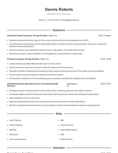 Child And Family Counselor Resume