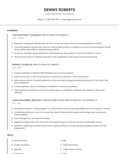 Child And Family Counselor Resume
