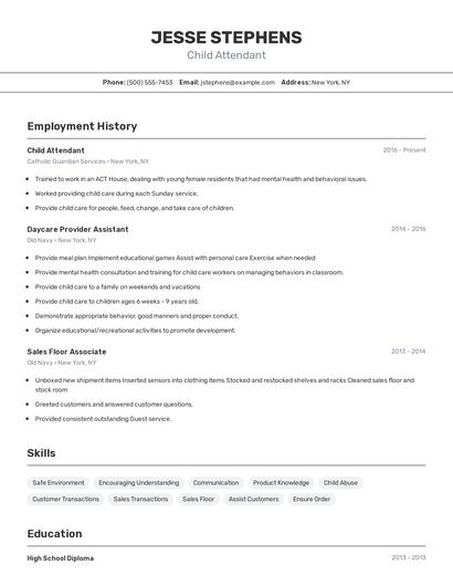 Child Attendant Resume
