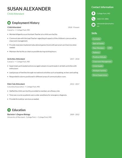 Child Attendant Resume