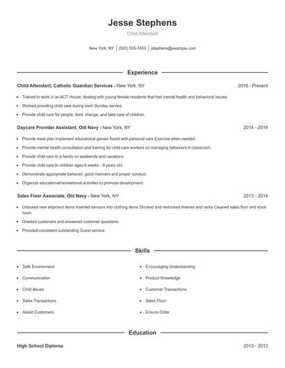 Child Attendant Resume