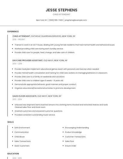 Child Attendant Resume
