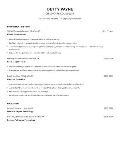 Child Care Counselor Resume