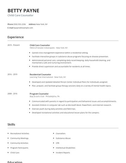 Child Care Counselor Resume