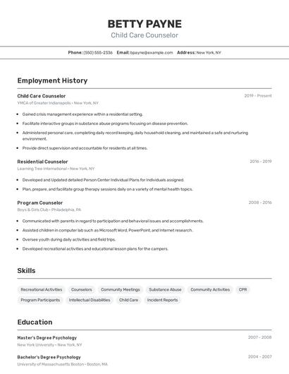 Child Care Counselor Resume