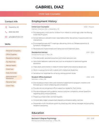 Child Care Counselor Resume