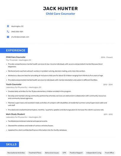 Child Care Counselor Resume