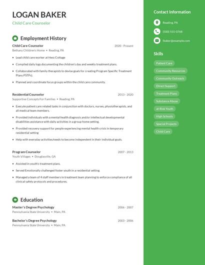 Child Care Counselor Resume