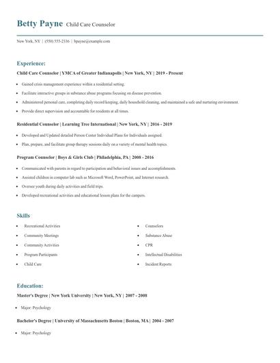 Child Care Counselor Resume