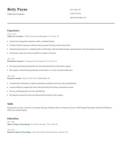 Child Care Counselor Resume