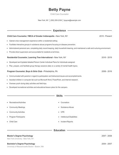 Child Care Counselor Resume