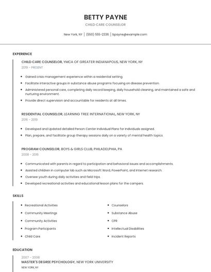Child Care Counselor Resume