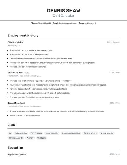 Child Caretaker Resume