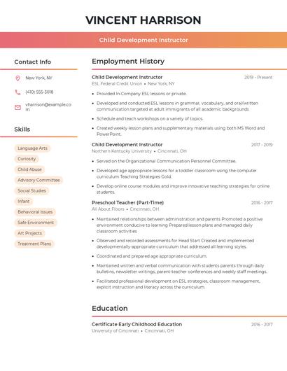 Child Development Instructor Resume
