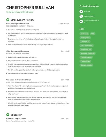 Child Development Instructor Resume