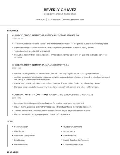 Child Development Instructor Resume