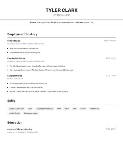 Child's Nurse Resume