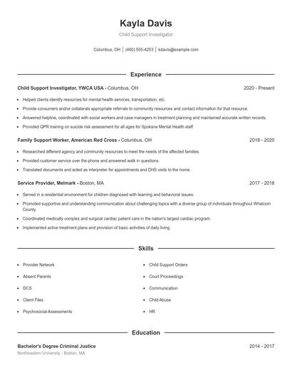 Child Support Investigator Resume