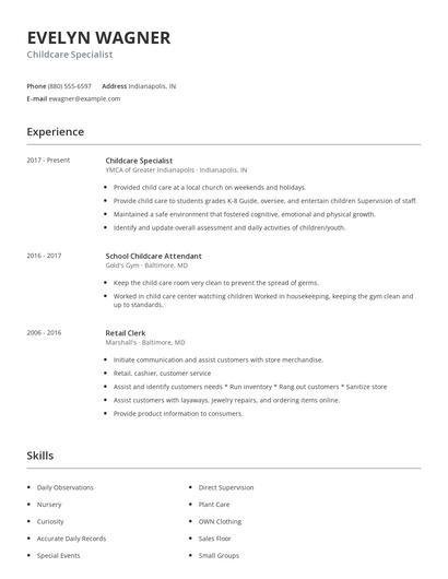 Childcare Specialist Resume