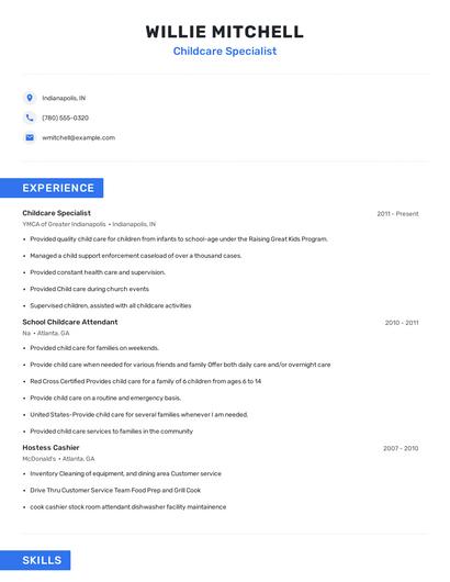 Childcare Specialist Resume