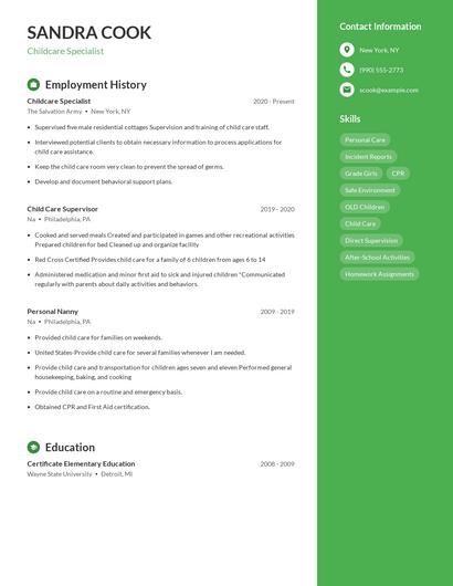 Childcare Specialist Resume
