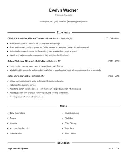 Childcare Specialist Resume