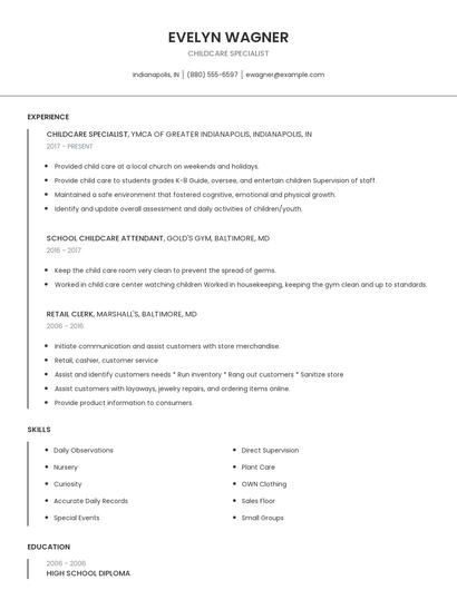 Childcare Specialist Resume